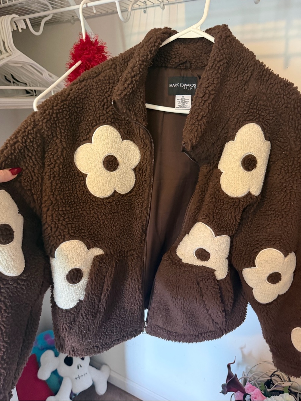 Mark Edwards Brown Sherpa Jacket with Cream Flower Appliqués